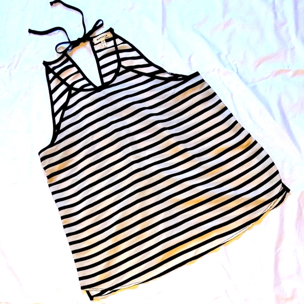 MONTEAU  black striped tie neck flowy sheer sleeveless high neck blouse tank
